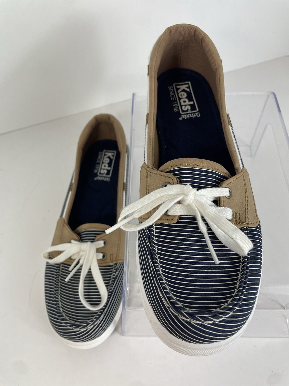 Keds Ortholite Black White Tan Striped Loafers Shoes Laces Size 7 Women's EUC